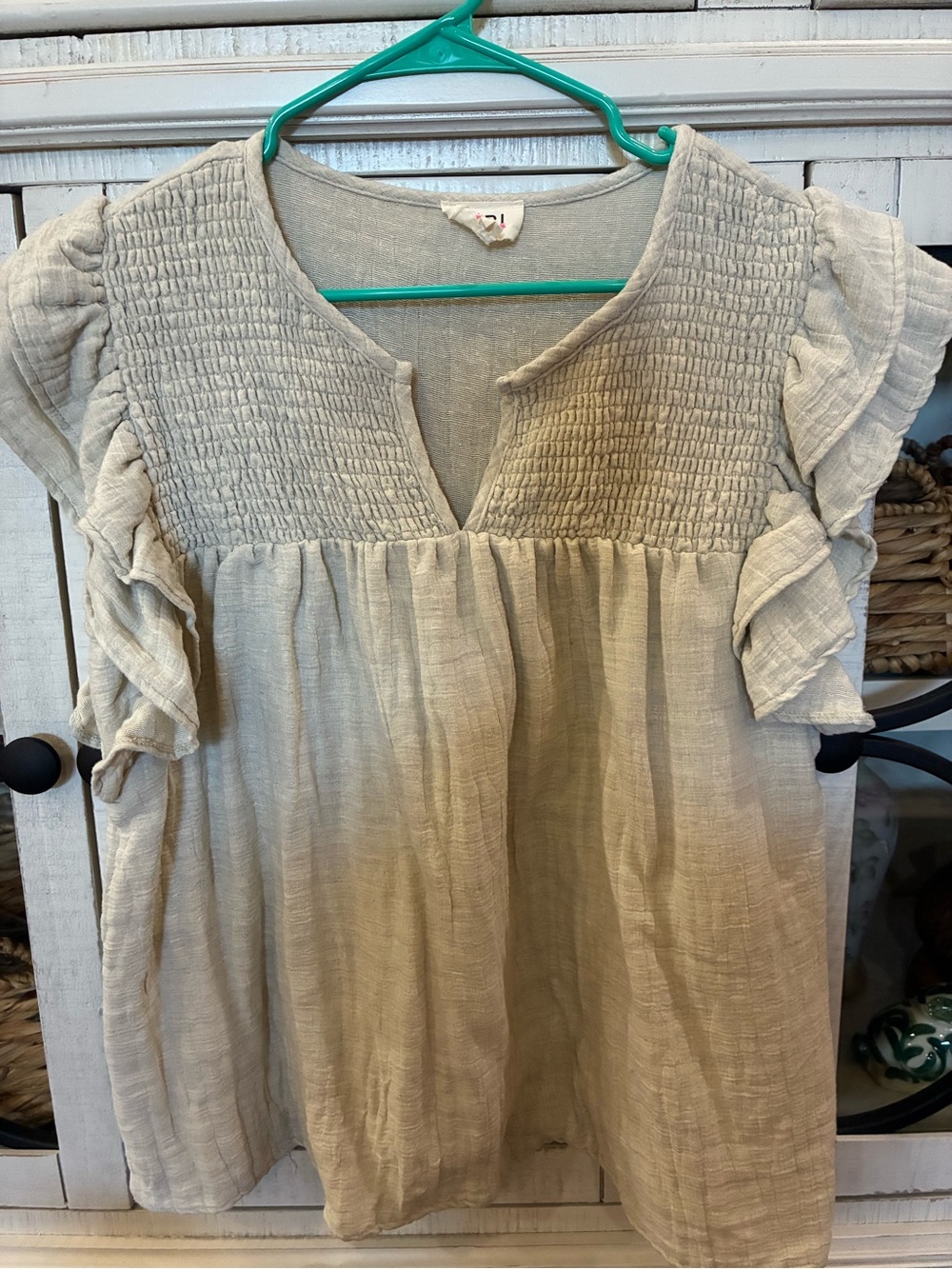BiBi Cream Smocked Yoke Ruffle Sleeve Top